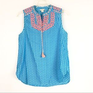 J. Crew Factory Printed Embroidered Tassel Top